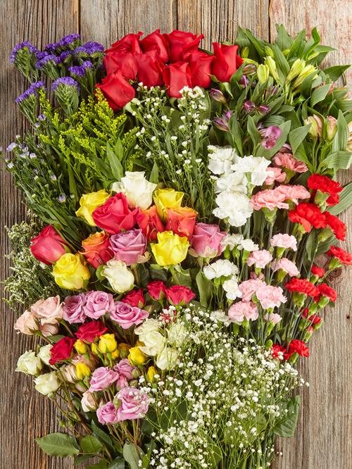 VARIETY PACK 16 - ROSES, ALSTRO, CARNS, MINI CARNS, GYP, ASTER, LIMONIUM, STATICE, SPRAY ROSE  ASSORTED COMBO BOX